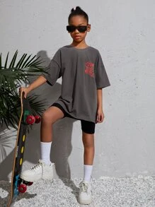 SHEIN Tween Girl Slogan Graphic Drop Shoulder T-Shirt - Dark Grey - View 2