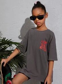 SHEIN Tween Girl Slogan Graphic Drop Shoulder T-Shirt - Dark Grey - View 3