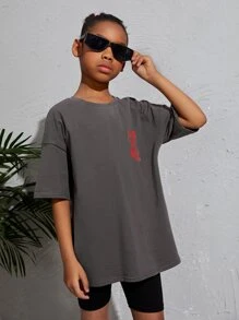 SHEIN Tween Girl Slogan Graphic Drop Shoulder T-Shirt - Dark Grey - View 5