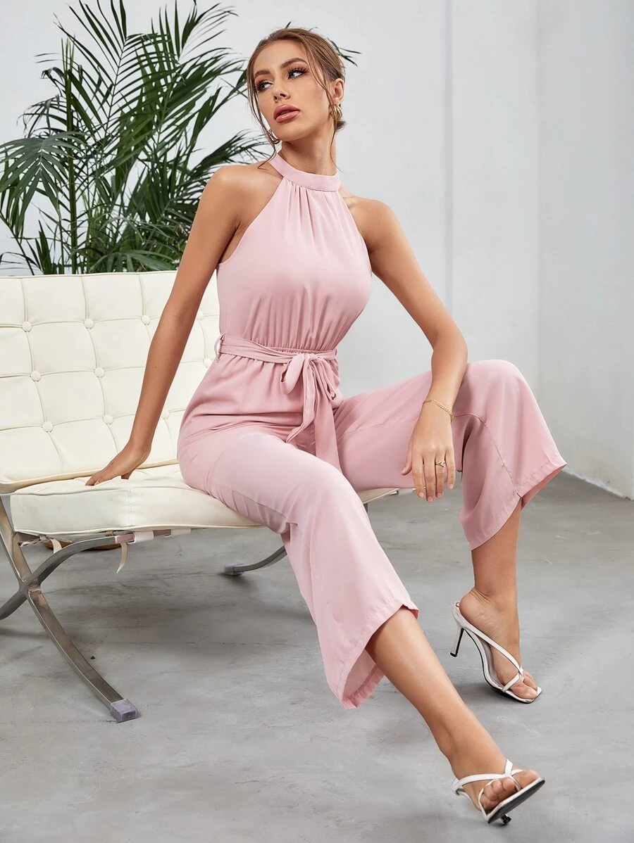 Ruched Wide Leg Belted Halter Jumpsuit - Baby Pink - View 1