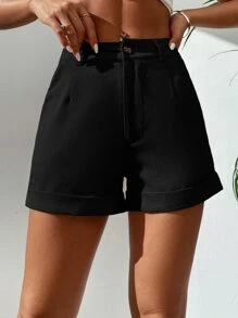 SHEIN PETITE Slant Pocket Button Front Shorts - Black - View 5