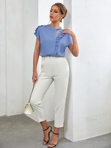 蝙蝠袖鏤空荷葉邊襯衫 - 藍色 - 查看 3