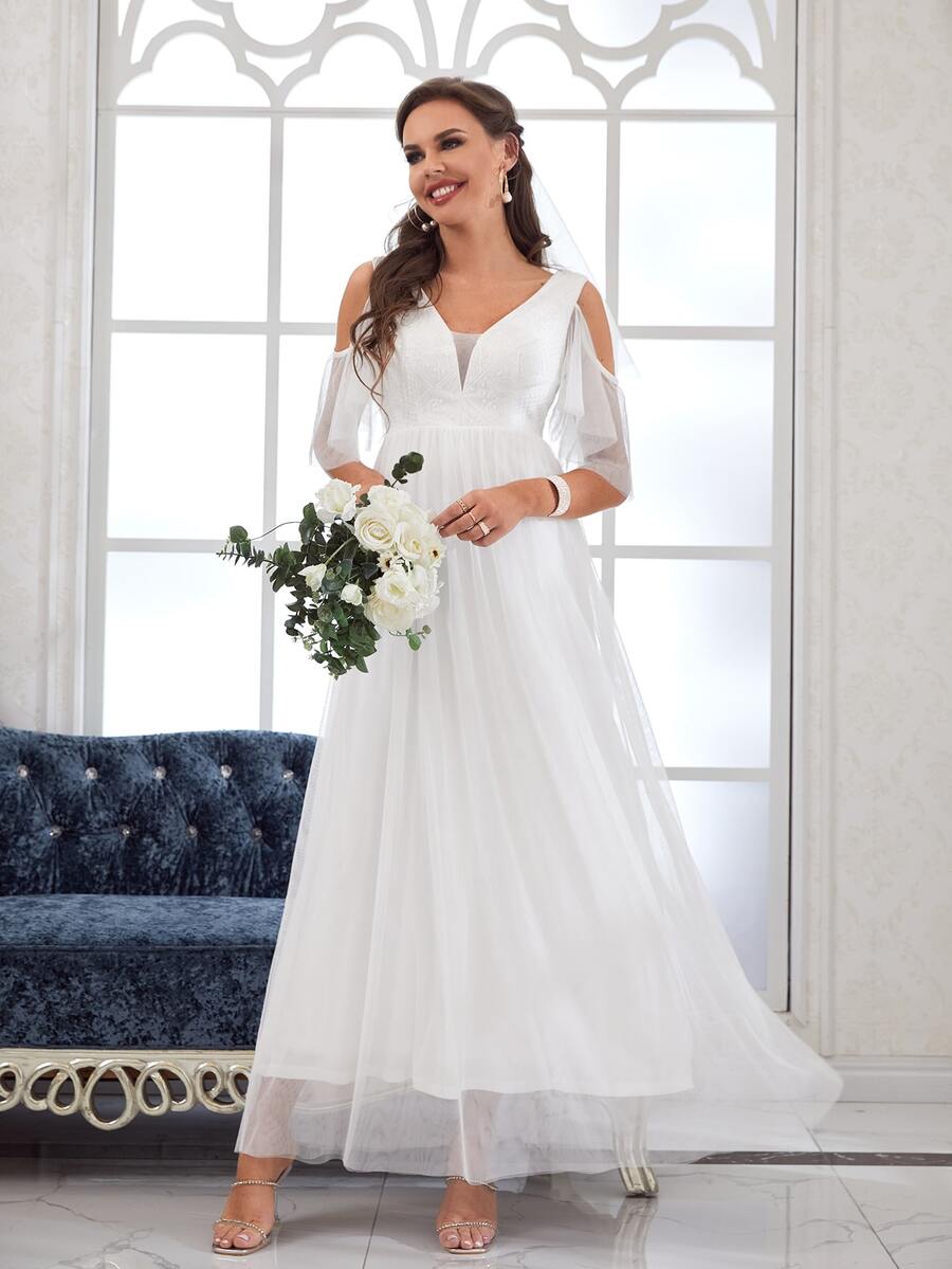 Cold Shoulder Mesh Wedding Dress Without Veil - White - View 1