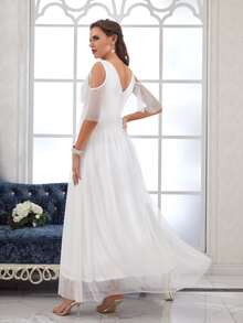 Cold Shoulder Mesh Wedding Dress Without Veil - White - View 2