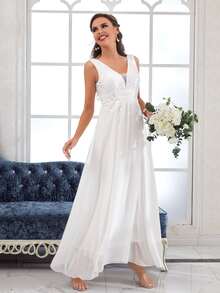 Contrast Sequin Chiffon Maxi Wedding Dress Without Veil - White - View 3