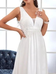 Contrast Sequin Chiffon Maxi Wedding Dress Without Veil - White - View 5