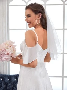 挖肩荷葉邊蕾絲婚紗洋裝不附帶頭紗 - 白色 - 查看 4