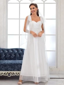 Tie Shoulder Guipure Lace Panel Mesh Wedding Dress Without Veil - White - View 4