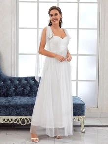 Tie Shoulder Guipure Lace Panel Mesh Wedding Dress Without Veil - White - View 5