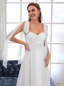Tie Shoulder Guipure Lace Panel Mesh Wedding Dress Without Veil - White - View 6