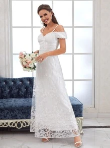 愛心圖案挖肩蕾絲婚紗連衣裙不附帶頭紗 - 白色 - 查看 1