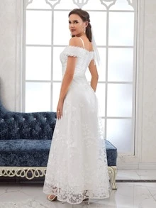 愛心圖案挖肩蕾絲婚紗連衣裙不附帶頭紗 - 白色 - 查看 2