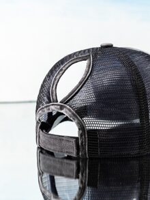 標語刺繡破洞網眼棒球帽 - 黑色 - 查看 3