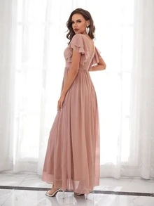 Mesh Insert Butterfly Sleeve Chiffon Bridesmaid Dress - Dusty Pink - View 2