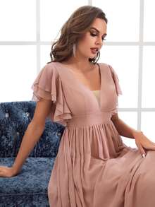 Mesh Insert Butterfly Sleeve Chiffon Bridesmaid Dress - Dusty Pink - View 3