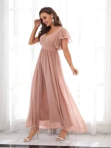 Mesh Insert Butterfly Sleeve Chiffon Bridesmaid Dress - Dusty Pink - View 4