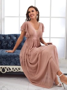 Mesh Insert Butterfly Sleeve Chiffon Bridesmaid Dress - Dusty Pink - View 5