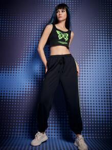 ROMWE Bộ đồ hai mảnh nữ Thắt nút Slogan Loại bướm Giải trí - màu đen - Xem 1