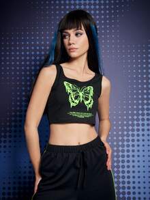 ROMWE Bộ đồ hai mảnh nữ Thắt nút Slogan Loại bướm Giải trí - màu đen - Xem 3