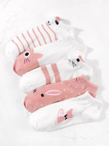 5pairs Striped & Cartoon Graphic Ankle Socks - Multicolor - View 1
