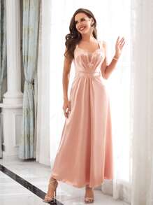 Plicated Detail Mesh Insert Satin Bridesmaid Dress - Pink - View 1