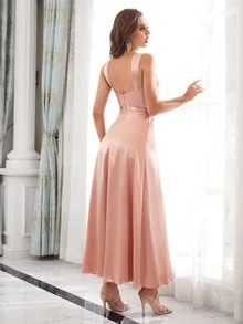 Plicated Detail Mesh Insert Satin Bridesmaid Dress - Pink - View 2