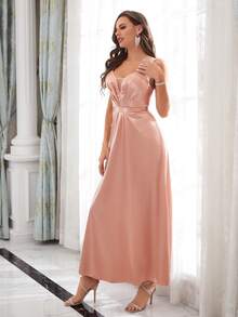 Plicated Detail Mesh Insert Satin Bridesmaid Dress - Pink - View 3