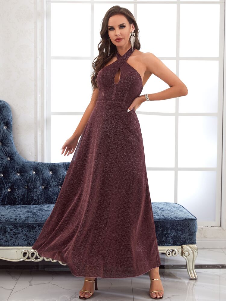 Wrap Cross Backless Glitter Halter Bridesmaid Dress