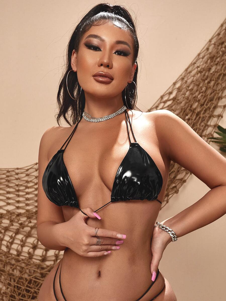 Plain Halter Triangle Bikini Top - Black - View 1