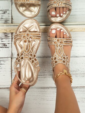 Women Metallic Rhinestone Decor Slingback Sandals, Fashionable Outdoor Ankle Strap Sandals Valentines