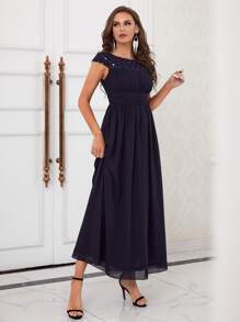 SHEIN Unity Contrast Sequin Ruched Chiffon Dress - Navy Blue - View 3