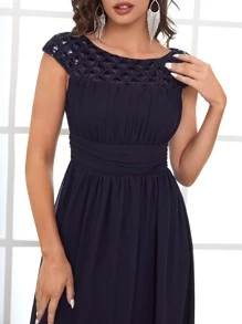 SHEIN Unity Contrast Sequin Ruched Chiffon Dress - Navy Blue - View 5
