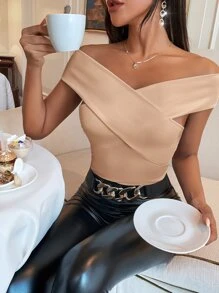 SHEIN Privé Ribbed Knit Bardot Crossover Top - Khaki - View 1