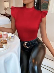 SHEIN SXY 小高領荷葉邊T恤 - 紅色 - 查看 1