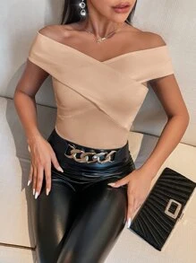 SHEIN Privé Ribbed Knit Bardot Crossover Top - Khaki - View 4