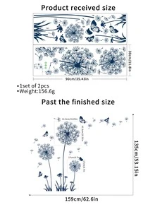 2pcs Dandelion Print Wall Sticker - Blue - View 3
