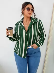 SHEIN Clasi Camisa con botones y rayas para tallas grandes - Verde - Ver 1