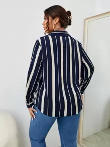 SHEIN Clasi Plus Striped Button Front Shirt - Blue and White - View 2