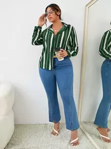 SHEIN Clasi Camisa con botones y rayas para tallas grandes - Verde - Ver 4