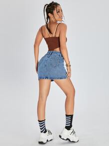 SHEIN EZwear 素色高腰牛仔半身裙 - 中等水洗藍 - 查看 3