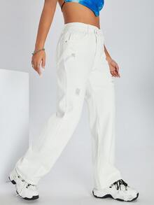 Quần jean nữ Nút Túi Bị tách Dây kéo màu trơn - trắng - Xem 4