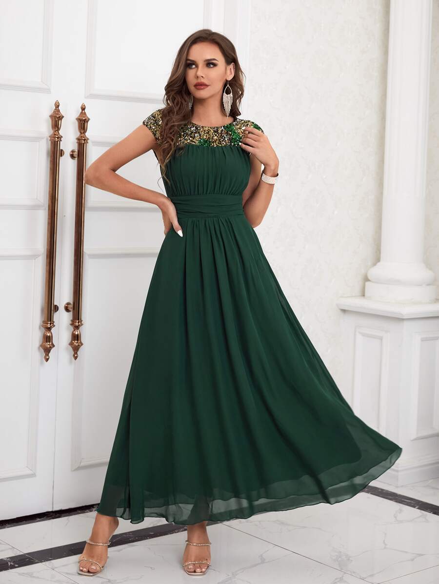 SHEIN Belle Sequin Panel Cut Out Back Chiffon Dress - Dark Green - View 1