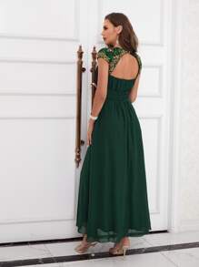 SHEIN Belle Sequin Panel Cut Out Back Chiffon Dress - Dark Green - View 2