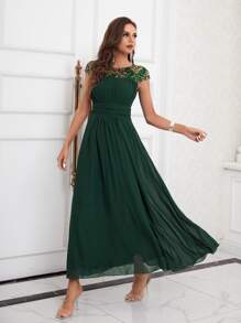 SHEIN Belle Sequin Panel Cut Out Back Chiffon Dress - Dark Green - View 3