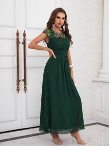 SHEIN Belle Sequin Panel Cut Out Back Chiffon Dress - Dark Green - View 4