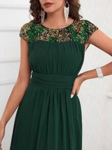 SHEIN Belle Sequin Panel Cut Out Back Chiffon Dress - Dark Green - View 5