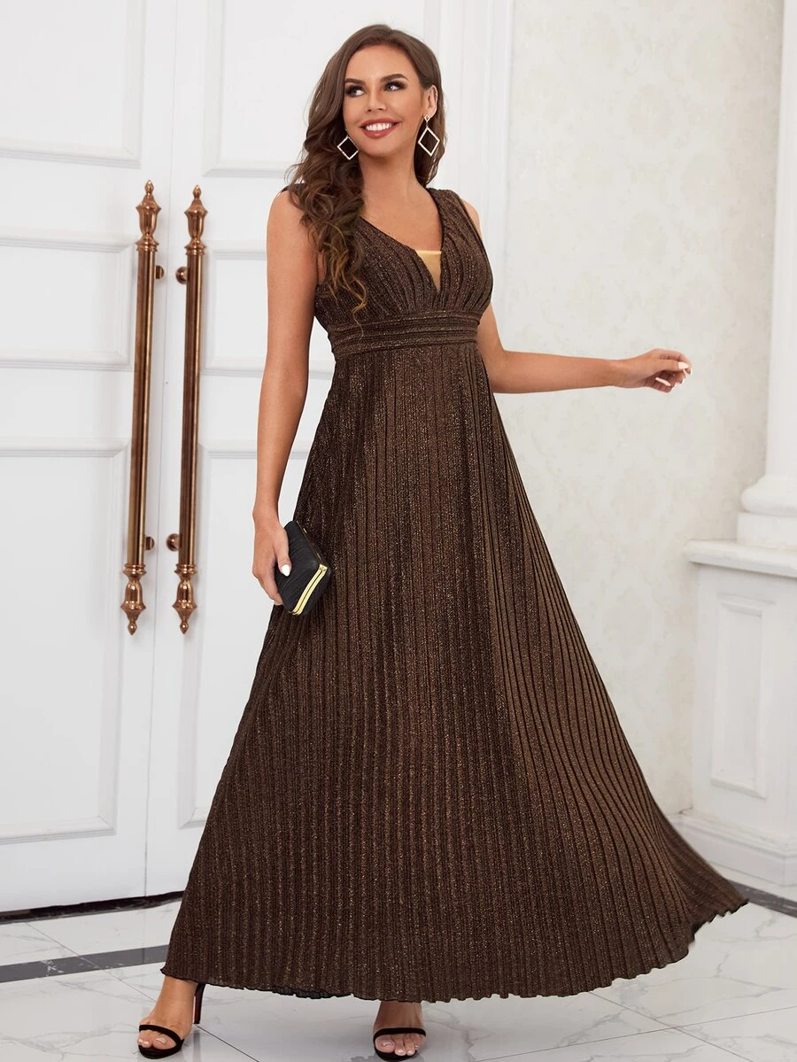 Contrast Mesh Metallic Pleated Bridesmaid Dress