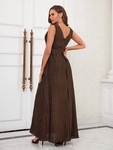 Contrast Mesh Metallic Pleated Bridesmaid Dress