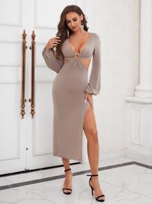 Modelyn O-ring Deep V Neck Cut Out Split Thigh Lantern Sleeve Dress - Khaki - View 3