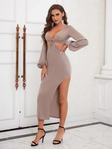 Modelyn O-ring Deep V Neck Cut Out Split Thigh Lantern Sleeve Dress - Khaki - View 4